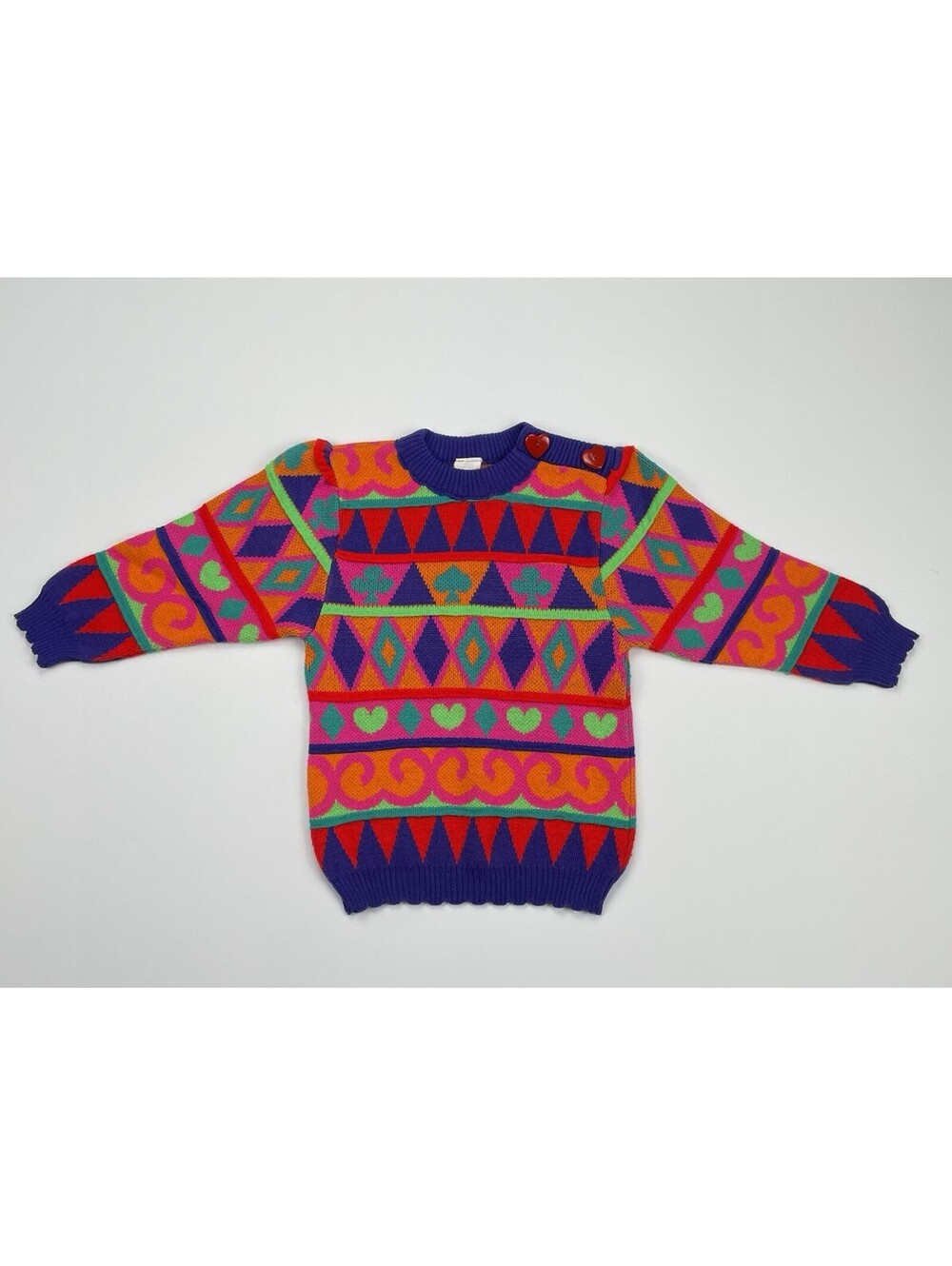 Vintage 90s Girl’s Acrylic Sweater Pullover Tunic Heart Shoulder Buttons Size 2T